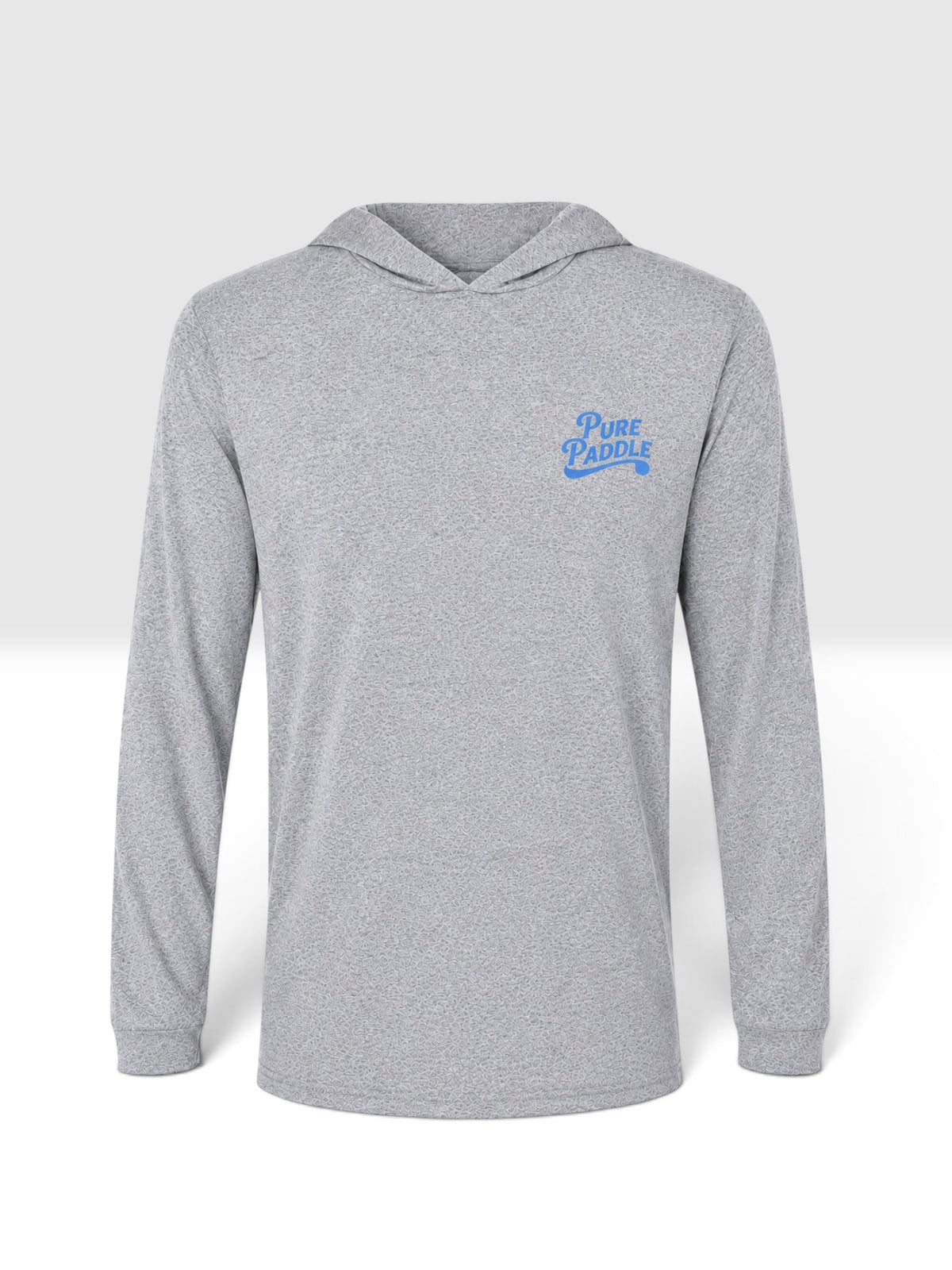 Pure Paddle Classic Hooded Long Sleeve Tee in heather gray with Carolina Blue logo