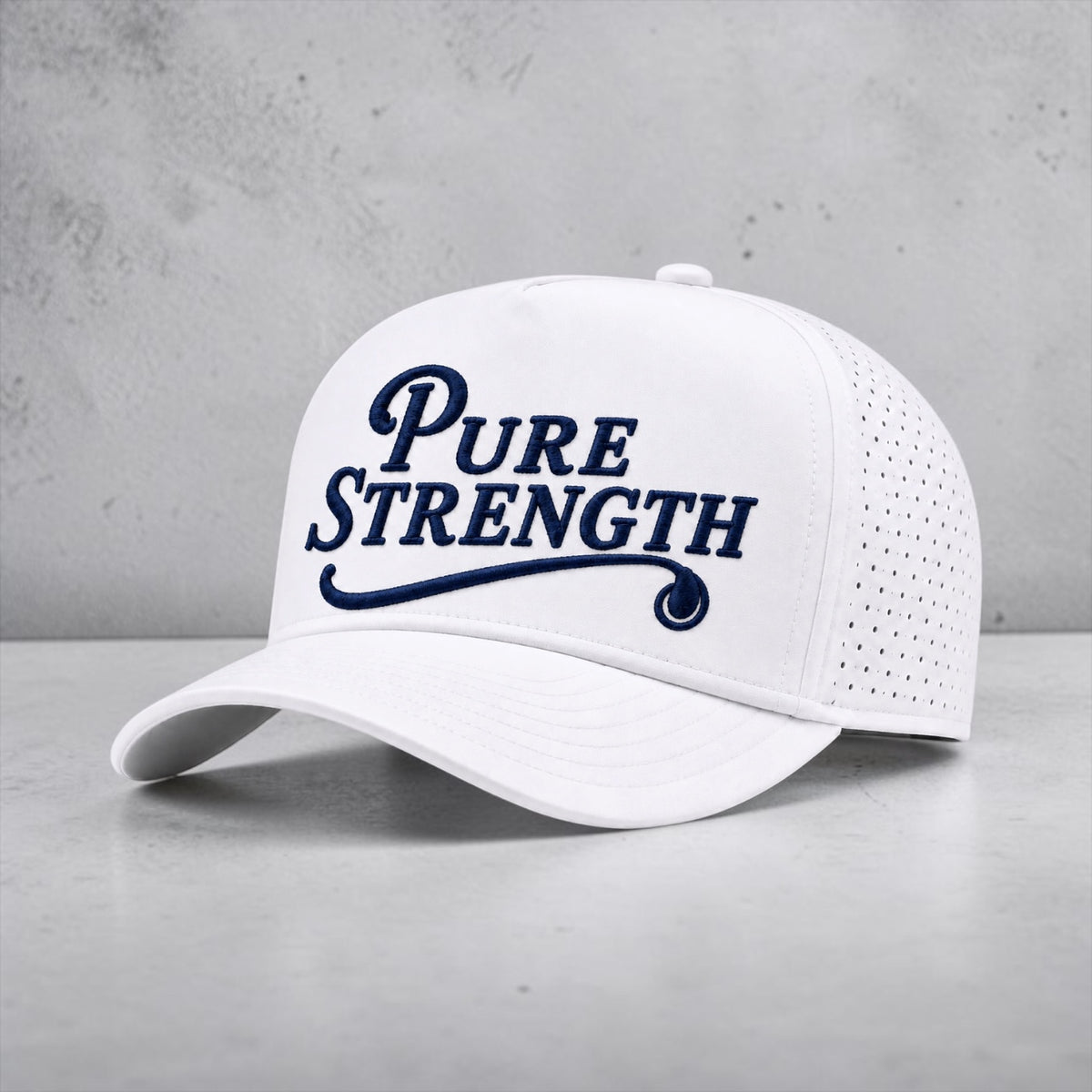 Pure Strength Performance Hat in White with navy puff embroidery and laser-perforated side panels