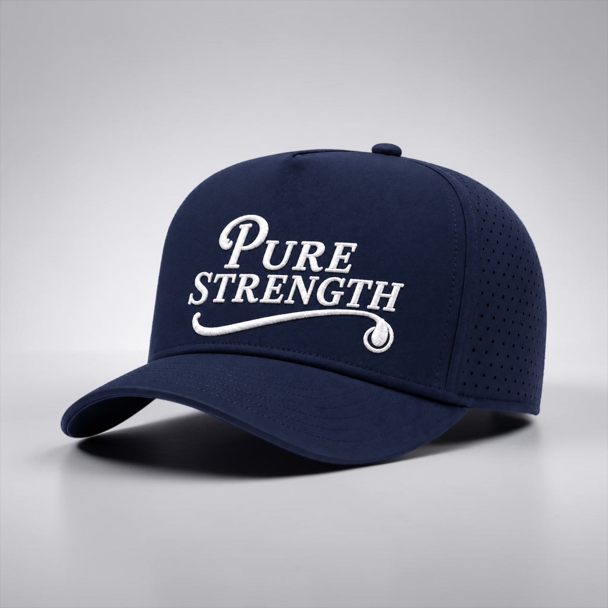 Pure Strength Performance Hat in Navy with white puff embroidery and laser-perforated side panels